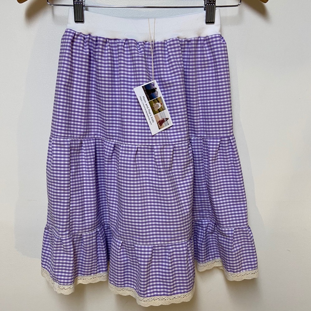 Mom and Pops Kids Midi Skirt Girls 6 Purple Gingham Tiered Lace Upcycled Western